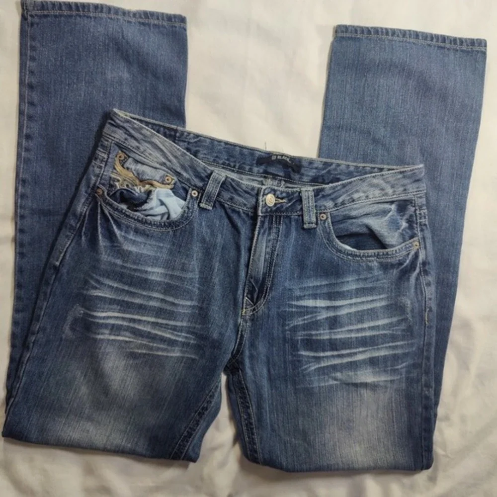 Embellished Pockets Distressed Denim Blue‎ Relaxed Fit western BB BLACK Jean
